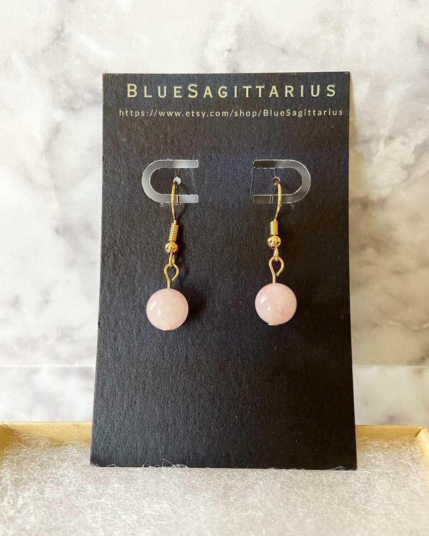 Rose quartz drop earrings with 8mm round beads on 18K gold plated traditional hooks