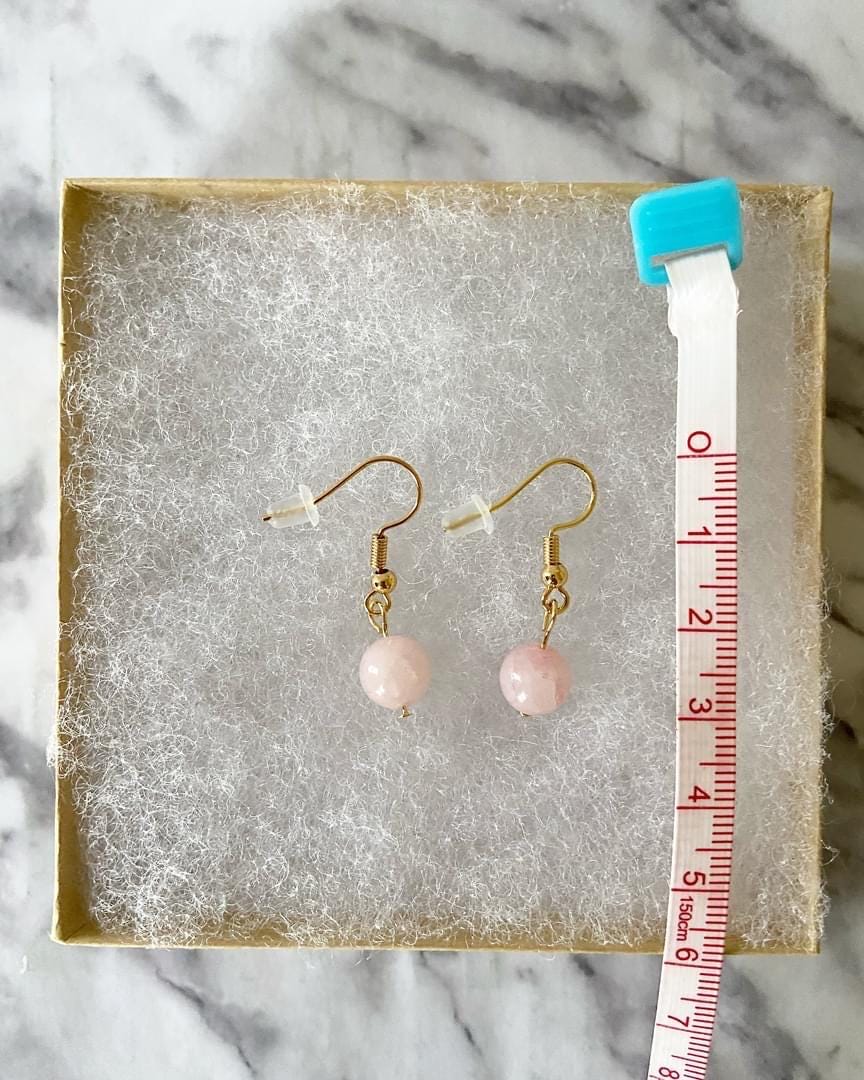 Rose quartz drop earrings with 8mm round beads on 18K gold plated traditional hooks