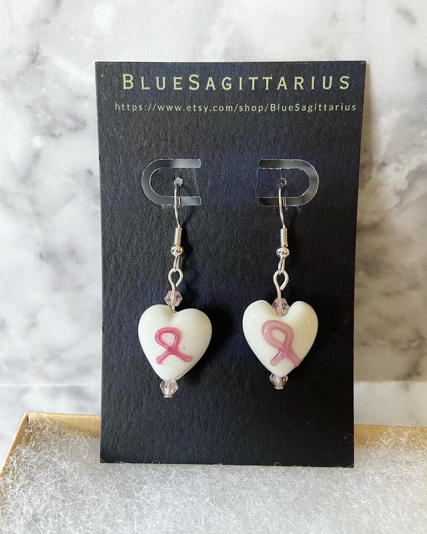 White and pink breast cancer awareness lampwork heart glass drop earrings with light pink crystals on sterling silver traditional hooks