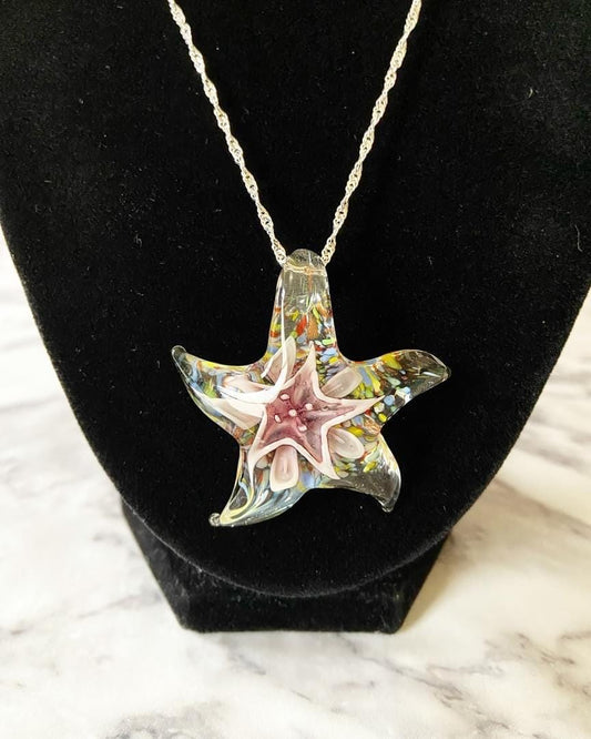 Multicolored rainbow murano style glass starfish necklace