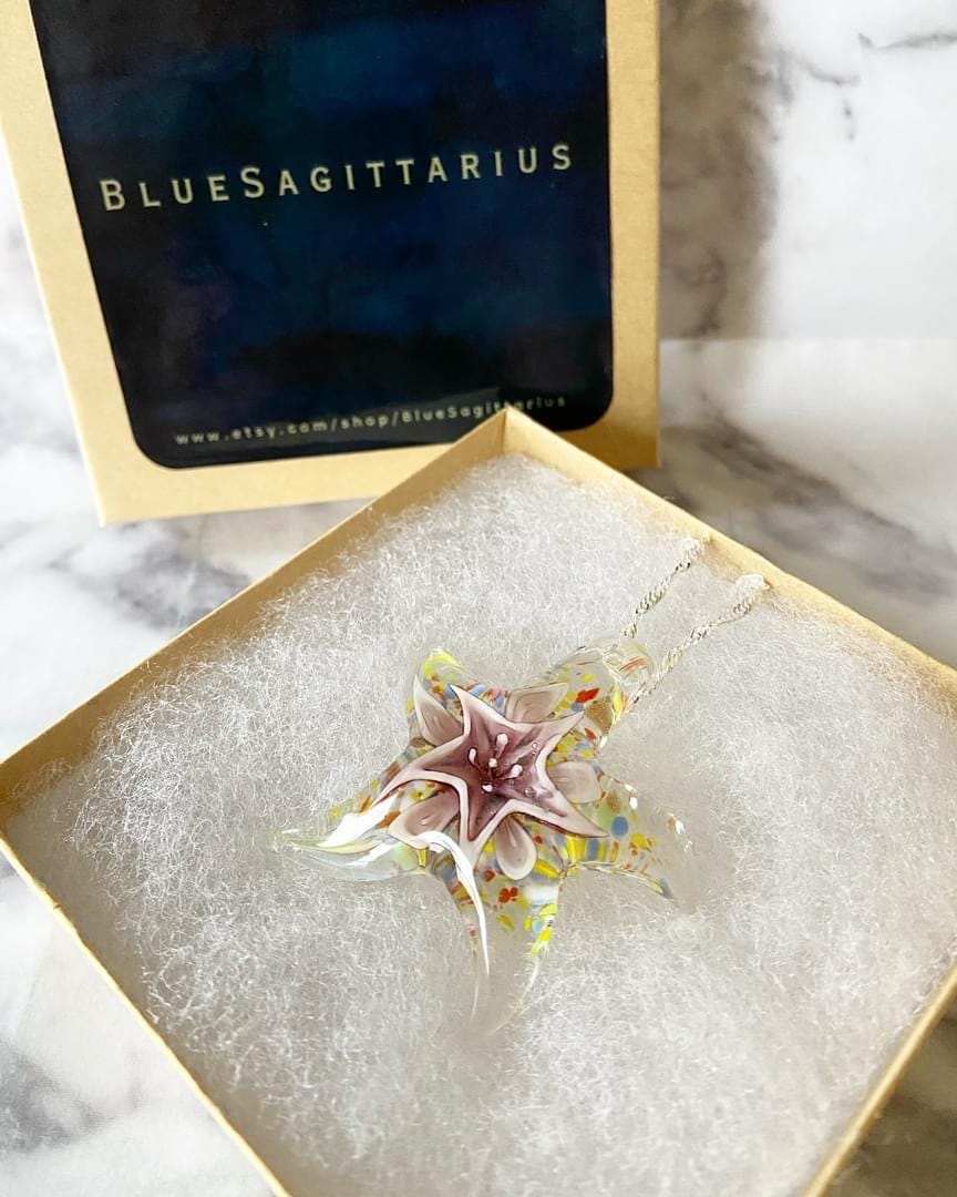 Multicolored rainbow murano style glass starfish necklace