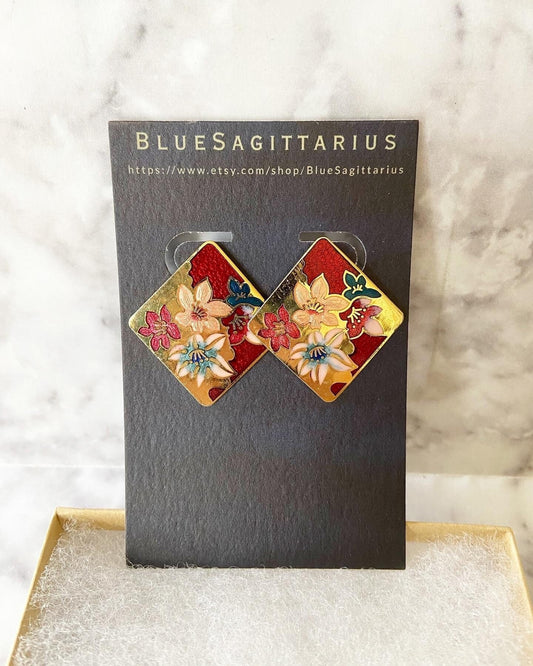 Vintage red floral square tile cloisonné enamel pierced stud/post earrings