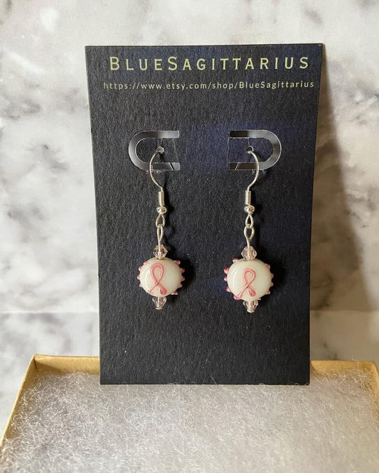 White and pink breast cancer awareness round lampwork glass with pink dots drop earrings with light pink crystals on sterling silver hooks