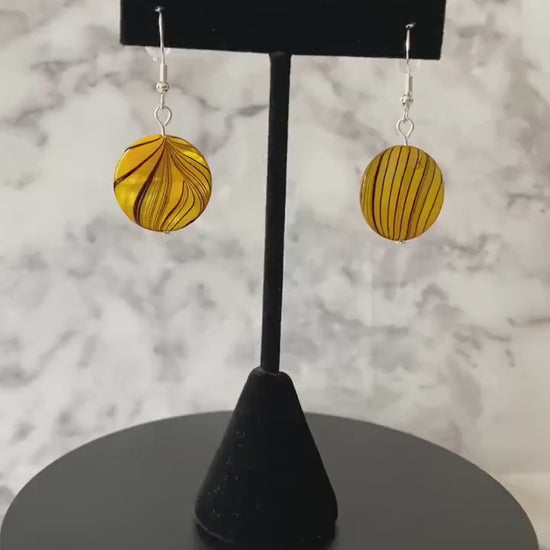 Yellow black zebra striped shell earrings