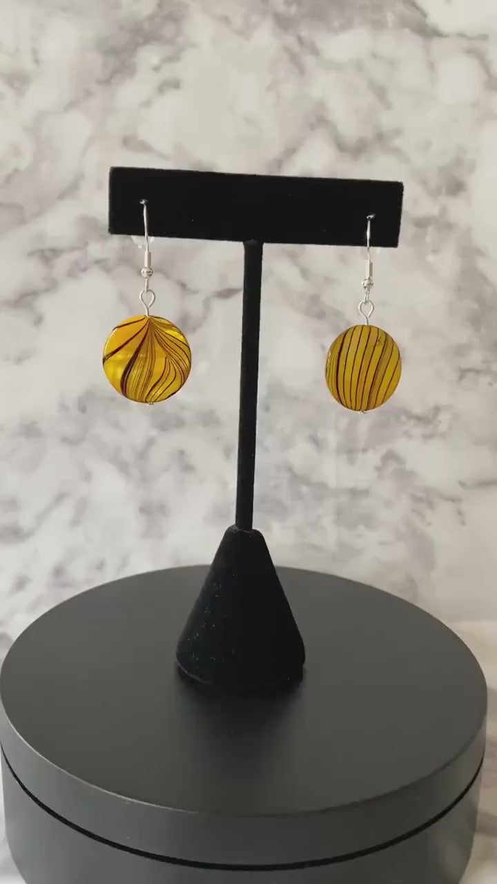 Yellow black zebra striped shell earrings