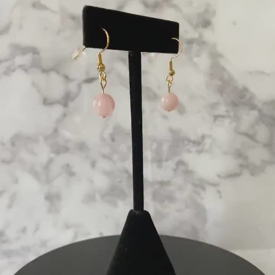 Rose quartz drop earrings with 8mm round beads on 18K gold plated traditional hooks