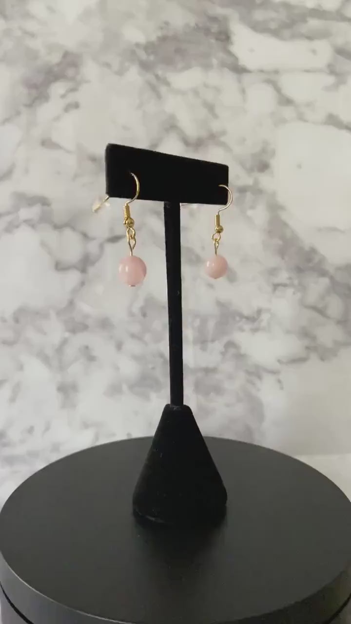 Rose quartz drop earrings with 8mm round beads on 18K gold plated traditional hooks