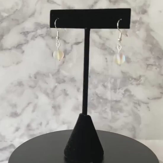 White moonlight matte mystic aura quartz (synthetic moonstone) drop earrings