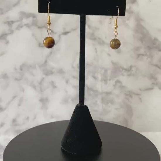 Brown tiger’s eye gemstone drop earrings with 8mm beads and 18K gold plated traditional hooks