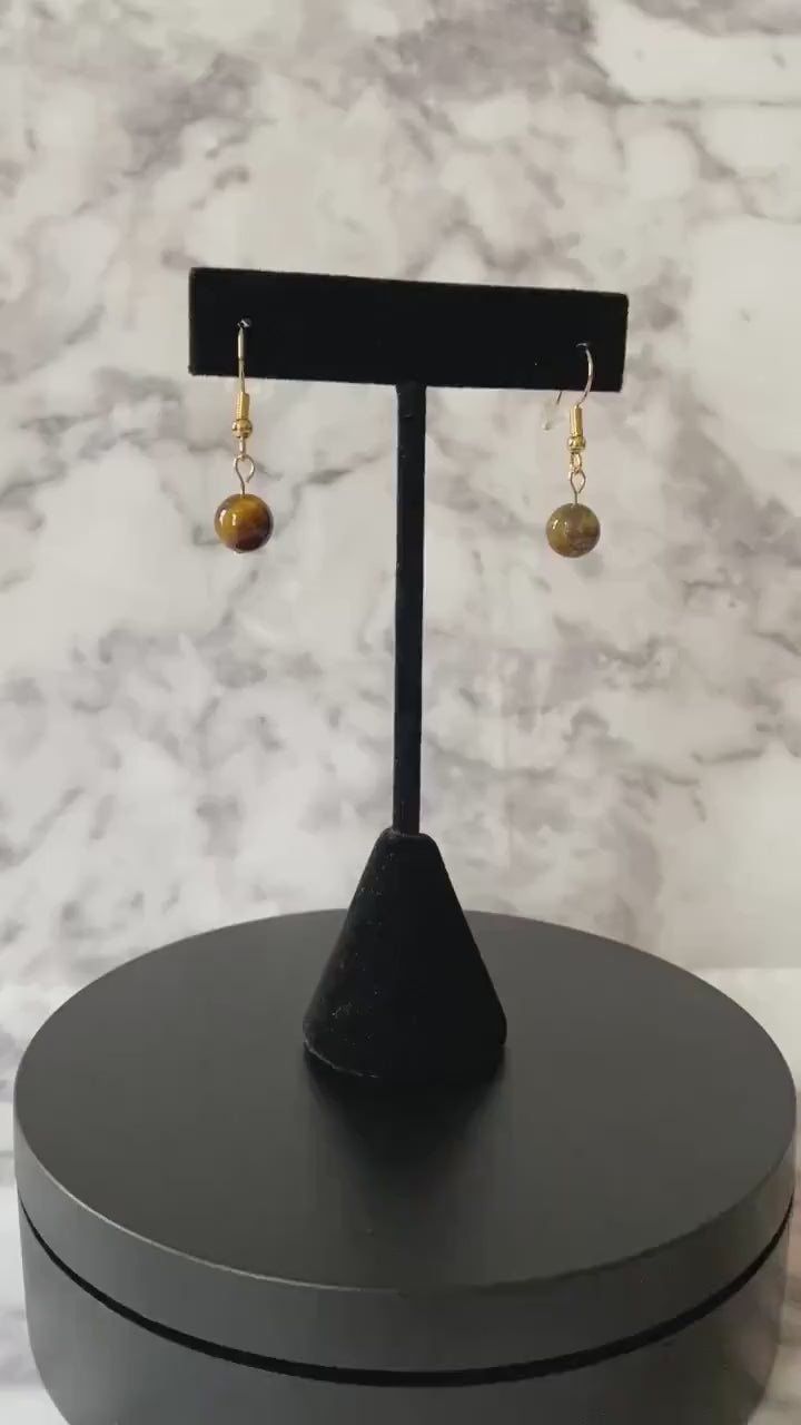 Brown tiger’s eye gemstone drop earrings with 8mm beads and 18K gold plated traditional hooks