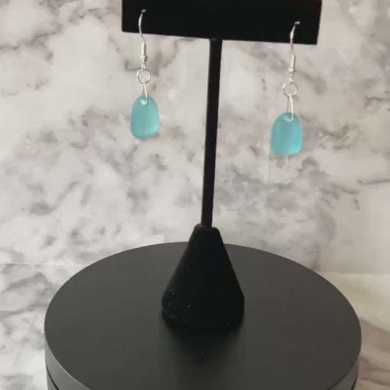 Teal recycled sea glass drop earrings with traditional hooks