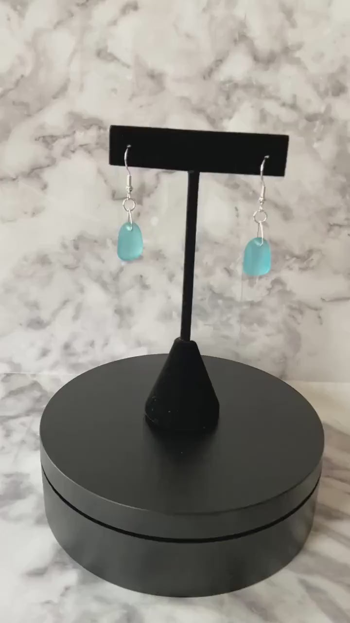 Teal recycled sea glass drop earrings with traditional hooks