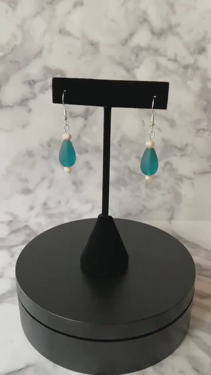 Dark teal teardrop recycled sea glass drop earrings with freshwater pearls