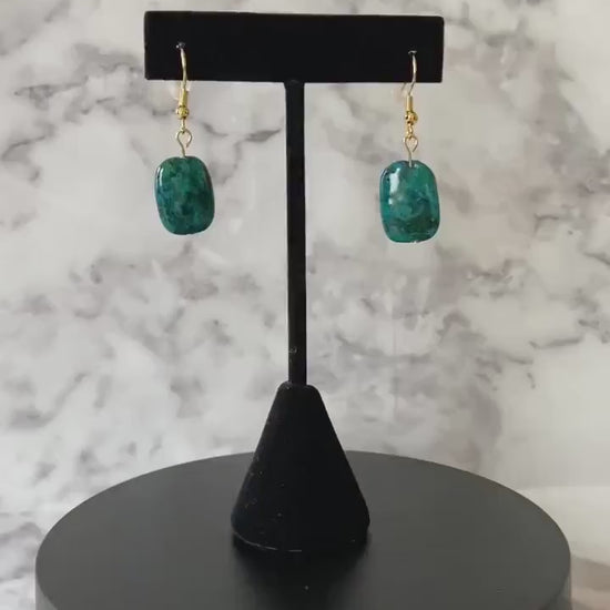 Blue-green chrysocolla drop earrings with 18K gold plated traditional hooks