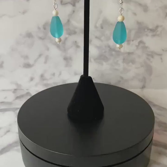 Teal teardrop recycled sea glass drop earrings with freshwater pearls