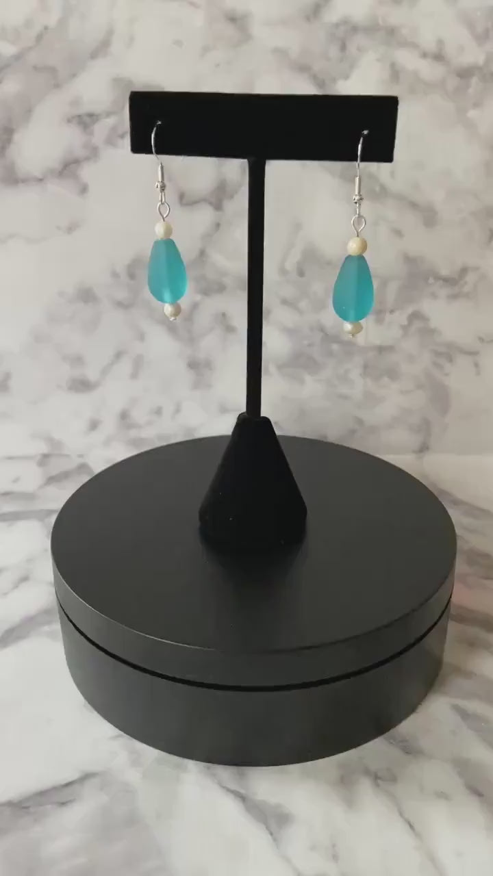 Teal teardrop recycled sea glass drop earrings with freshwater pearls