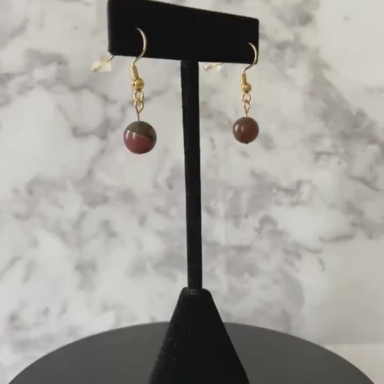 Red creek jasper gemstone drop earrings with 8mm beads and 18K gold plated traditional hooks