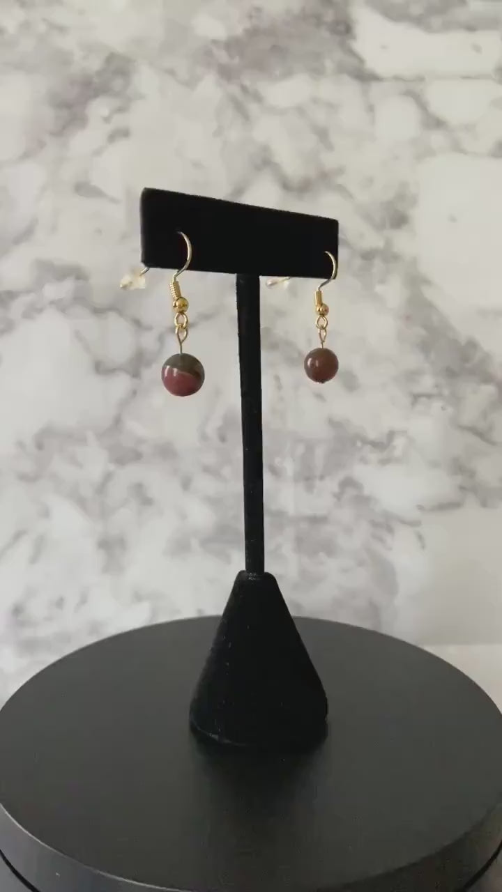 Red creek jasper gemstone drop earrings with 8mm beads and 18K gold plated traditional hooks