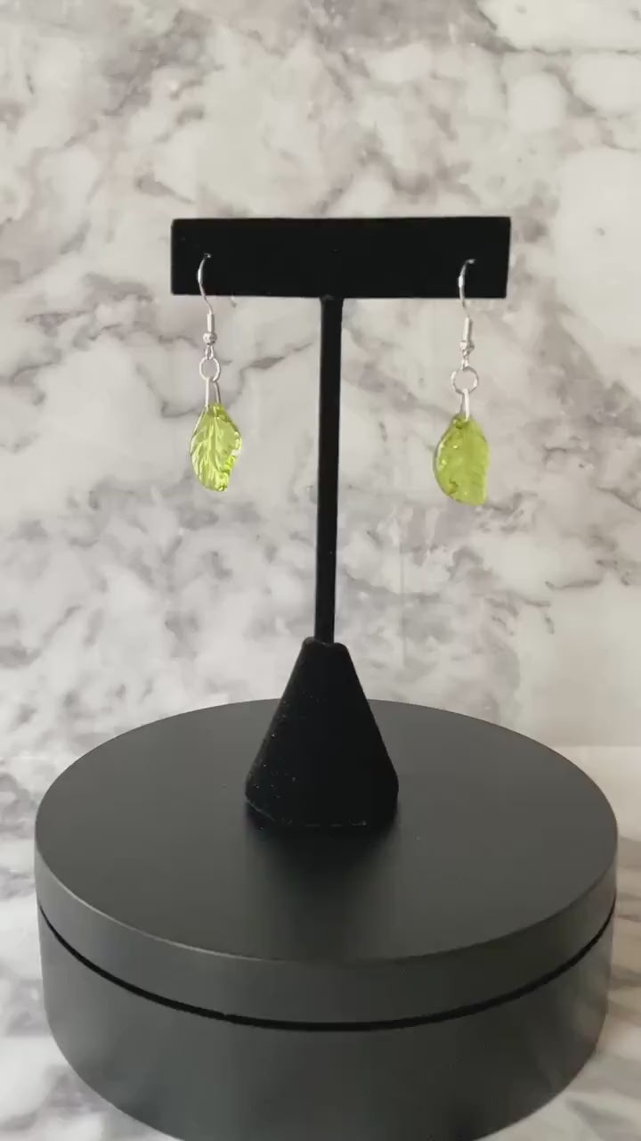 Green leaf glass drop earrings