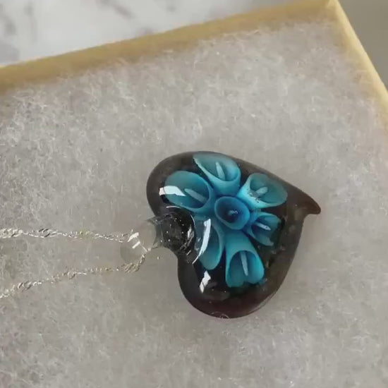 Large blue & black Murano style glass heart necklace