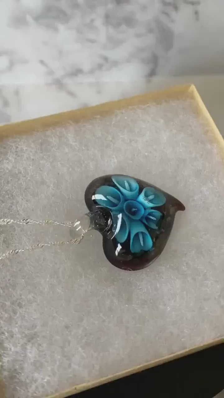 Large blue & black Murano style glass heart necklace