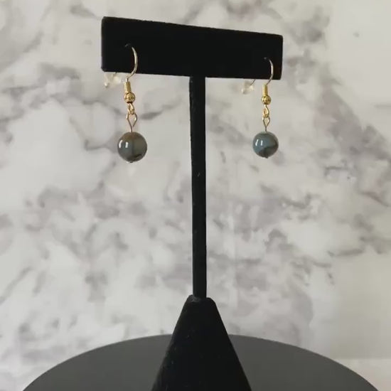 Lighter blue sapphire in AAA grade quartz with pyrite gemstone drop earrings with 8mm beads and 18K gold plated traditional hooks