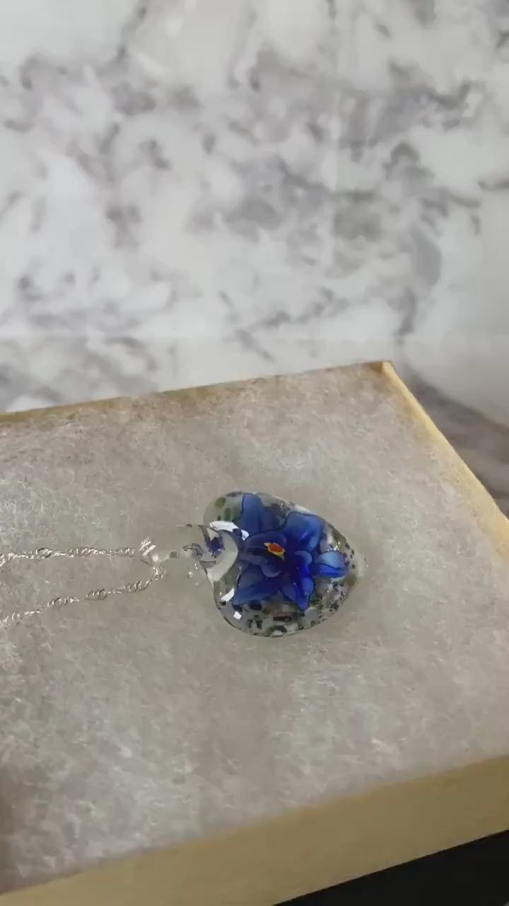 Large cobalt blue floral with gold glitter on white Murano style heart glass necklace